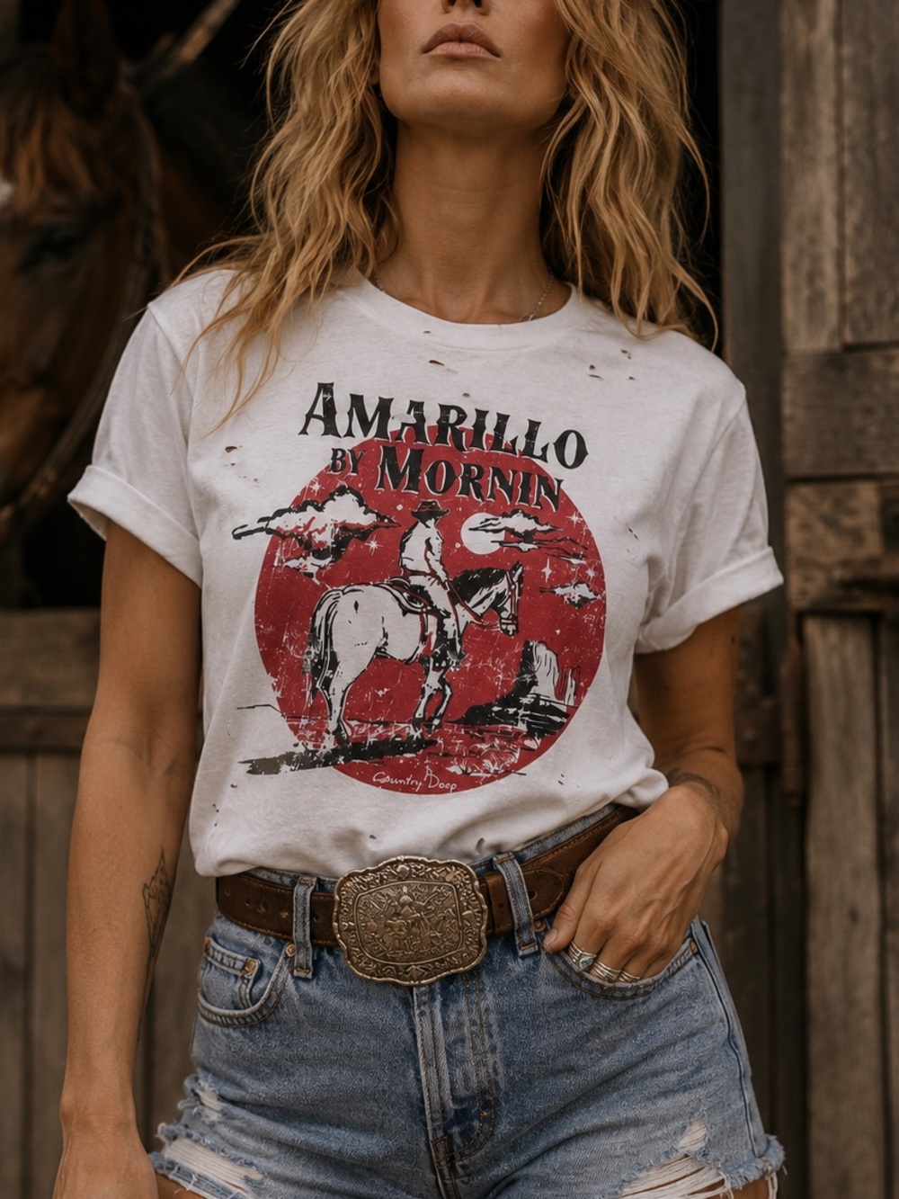 COUNTRY DEEP “Amarillo by Morning” Distressed Western Graphic Tee 100% Cotton